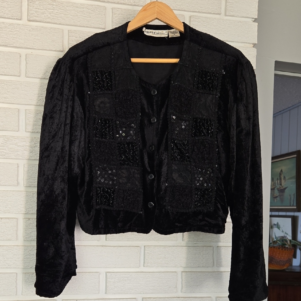 80s Cropped Velvet Black Sequin Jacket
